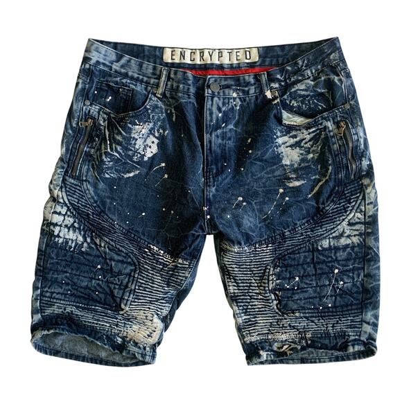 ENCRYPTED Men’s Size 40 Paint Spatter Denim Jean Bermuda Shorts - Picture 1 of 13